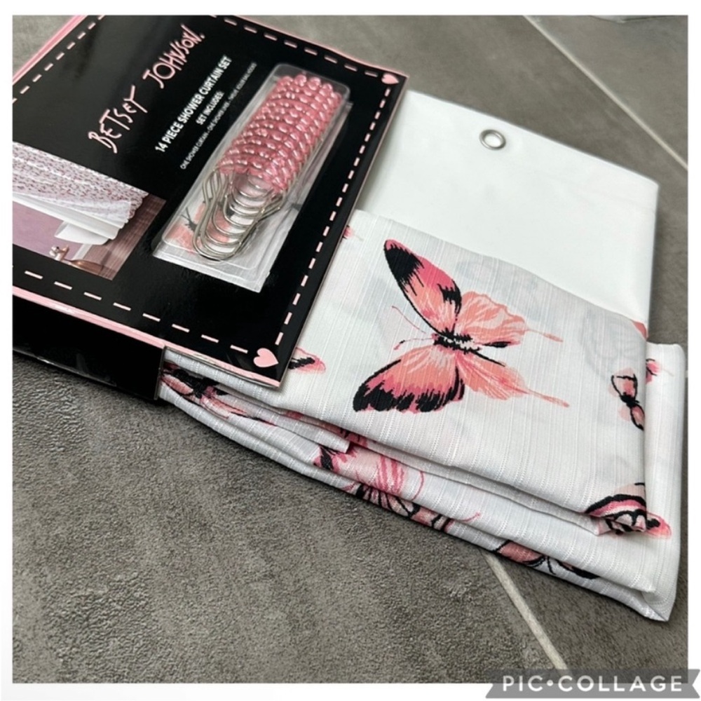 New! Betsey Johnson 14pc Pink & Black Butterfly Fabric Shower Curtain Set